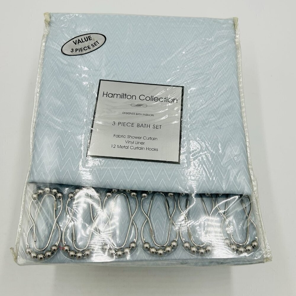 Hamilton Collection 3 Piece Bath Set Textured Shower Curtain, Liner & 12 Hooks